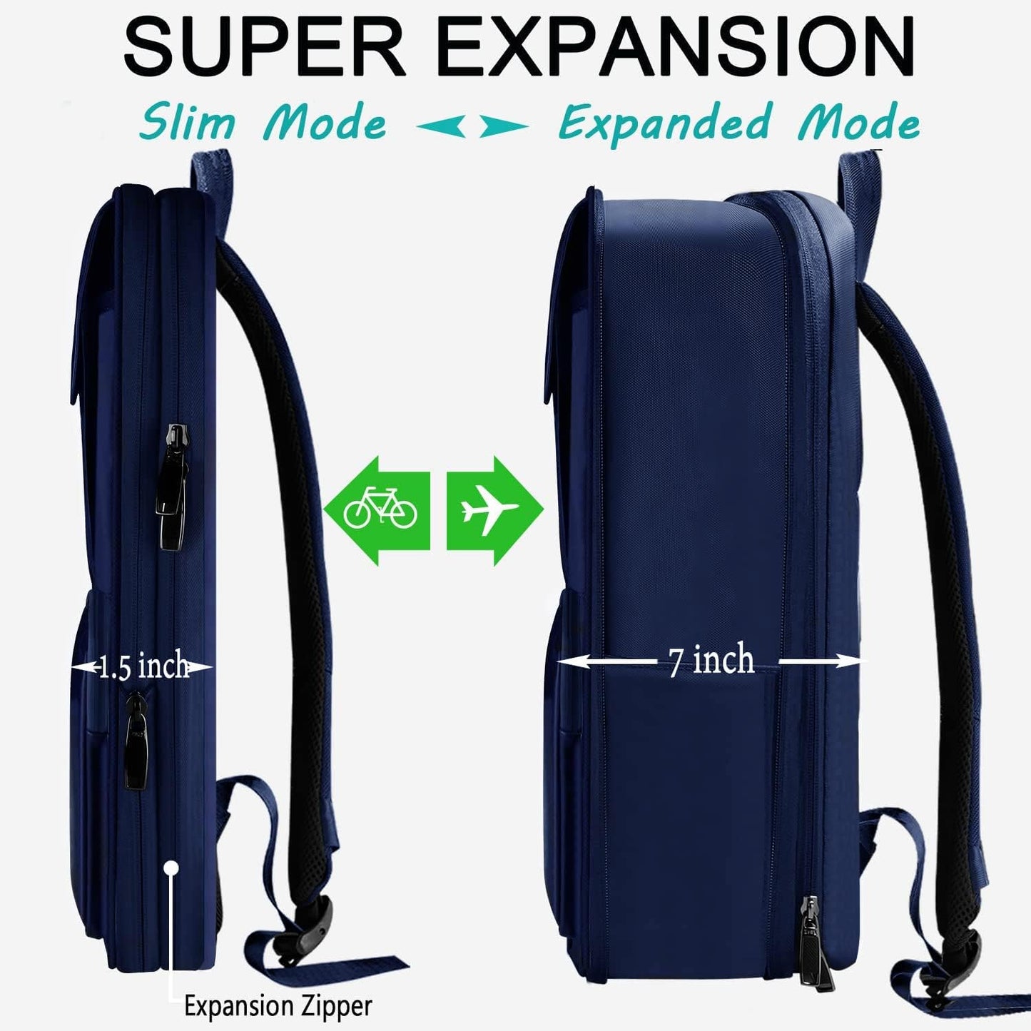 ZINZ Slim & Expandable Laptop Backpack 15.6 Inch, Computer Rucksack Water Resistant Bag, Anti-Theft Travel Daypack for Men and Women-Blue