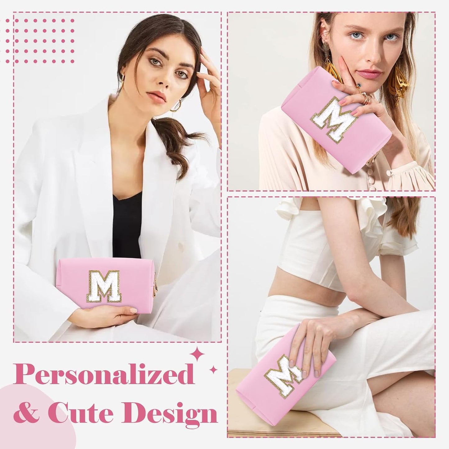 Personalized Initial A-Z Preppy Patch Makeup Bag,Small PU Chenille Letter Cosmetic Bag with Zipper for Teen Girls,Pink Cute Toiletry Organizer Bag,Monogram Makeup Case Gift for Women Girls,Letter M