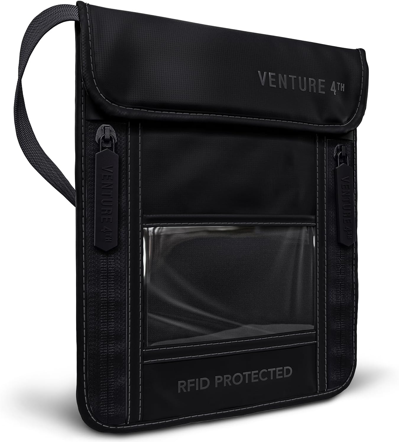 VENTURE 4TH Neck Wallet, RFID Blocking Passport Holder for Travel – Hidden Neck Pouch with 5 Compartments, Slim Lightweight Organizer with Adjustable Strap for Cash, Cards & Passport (Sleek Black)