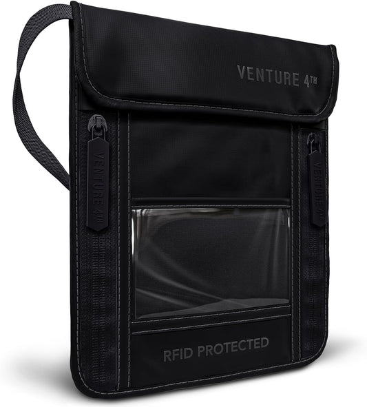 VENTURE 4TH Neck Wallet, RFID Blocking Passport Holder for Travel – Hidden Neck Pouch with 5 Compartments, Slim Lightweight Organizer with Adjustable Strap for Cash, Cards & Passport (Sleek Black)