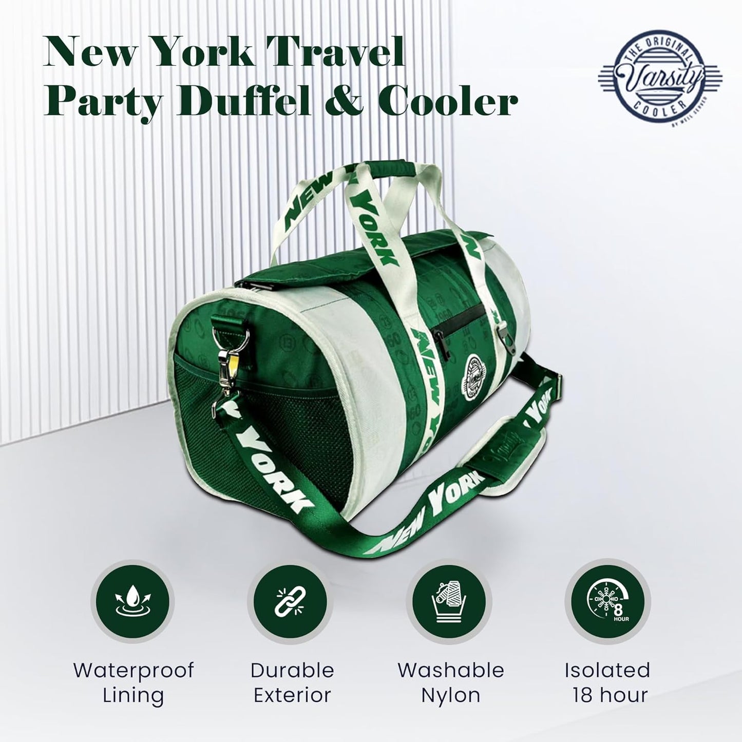 Varsity Cooler New York Travel Party Duffel & Cooler – 30 Can Leakproof Insulated Tote Bag, Waterproof Soft Compartment for Tailgating, Golf, Beach, Carry-On Luggage & Outdoor Sports