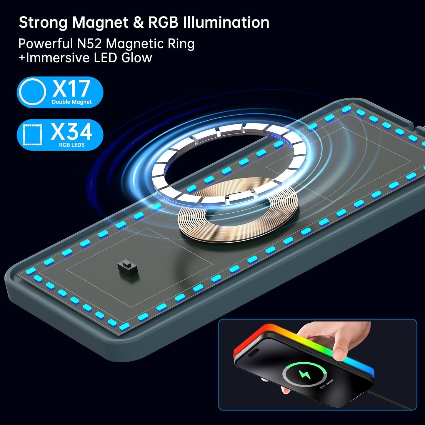 RGB Wireless Car Charging Pad for Magsafe, REESTECQI 15W LED Magnetic Wireless Charger for Car Non Slip Type C Charging Mat with 40W Car Charger Compatible with iPhone 17-12, Airpods (1 Meter Cable)