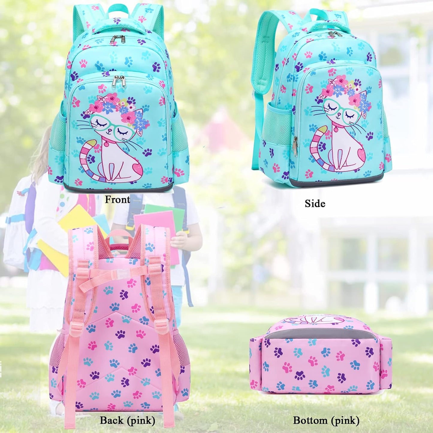 Octsky Backpack for Girls Kids School Backpacks with Lunch Box Preschool Kindergarten BookBag Set With Chest Strap Cat Lake