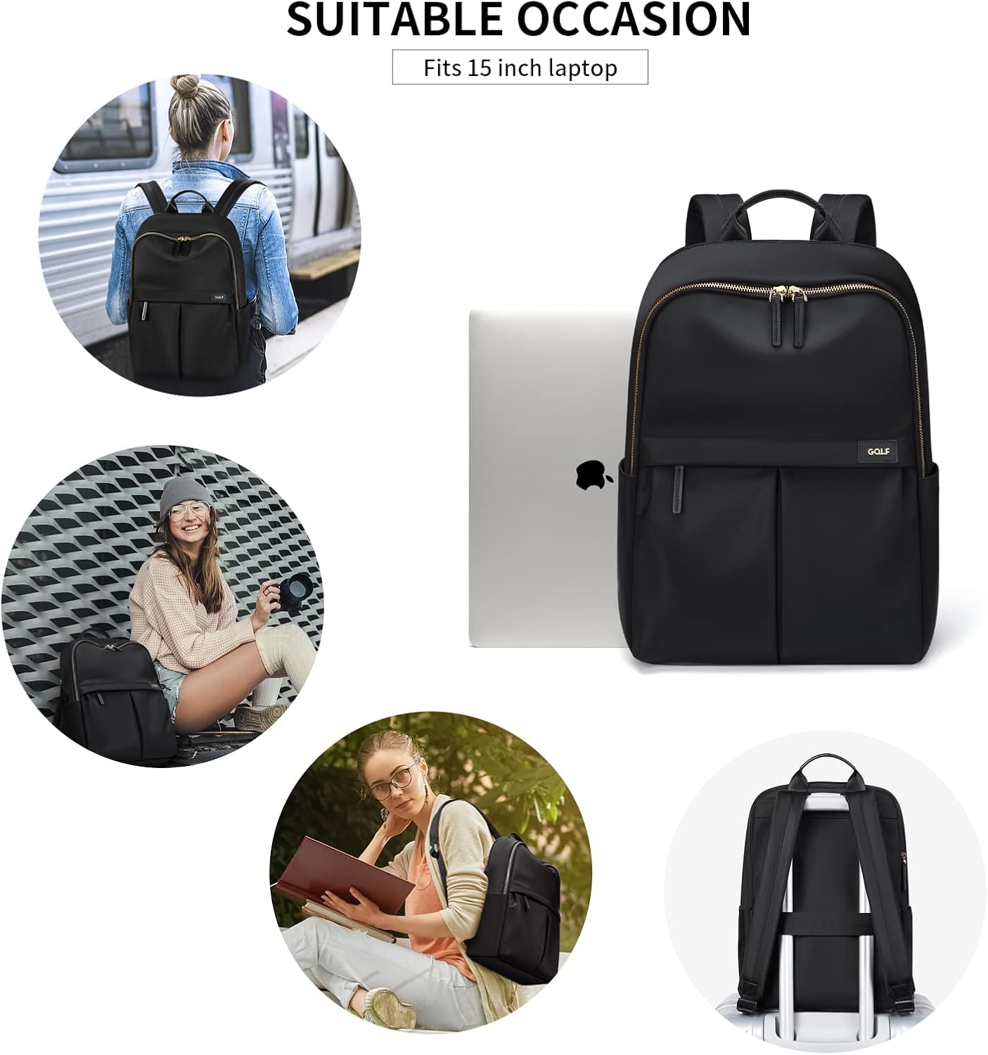 GOLF SUPAGS Laptop Backpack with Separate Laptop Compartment Water Resistant Computer Backpacks Fits 15 Inch Notebook Travel Work Bags for Women (Black)