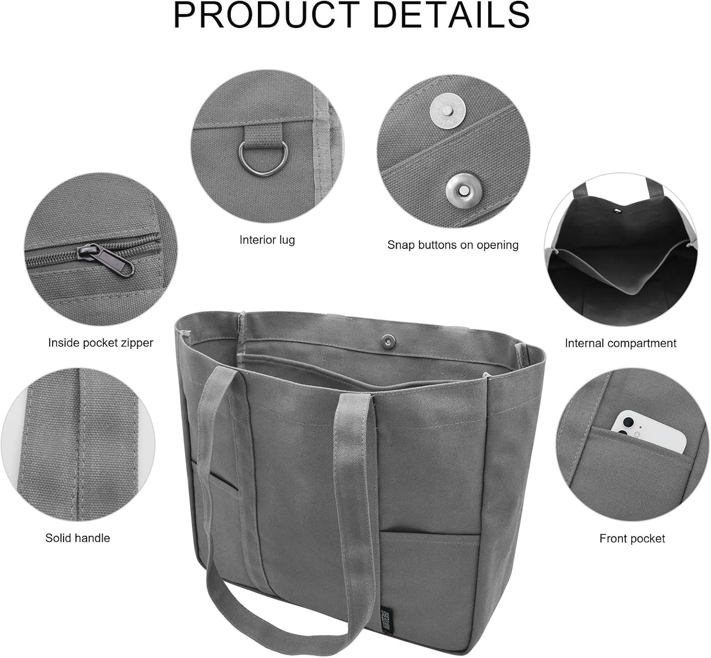 TeeYee Women's 20L Canvas Tote Bag Reusable Multi-Pocket Organizer for Travel Work Gym Shopping Large Shoulder Bag