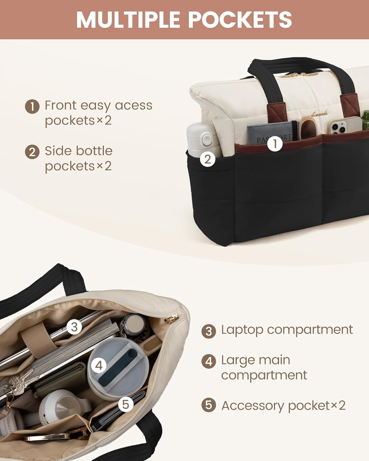 LOVEVOOK Tote Bag for Women,Light Puffer Tote Bag with Multi-pockets,Stylish Carry on Laptop Bags for Daily,Travel,Work,Gym