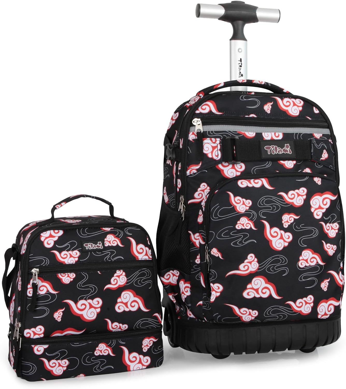 Tilami Rolling Backpack & Lunch bag for Kids 19 Inch Wheeled Bookbag for Boys & Girls for School & Travel,Clouds Black