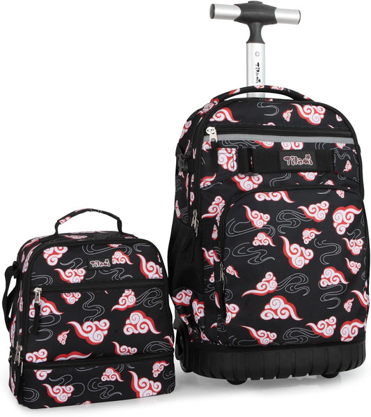 Tilami Rolling Backpack & Lunch bag for Kids 19 Inch Wheeled Bookbag for Boys & Girls for School & Travel,Clouds Black