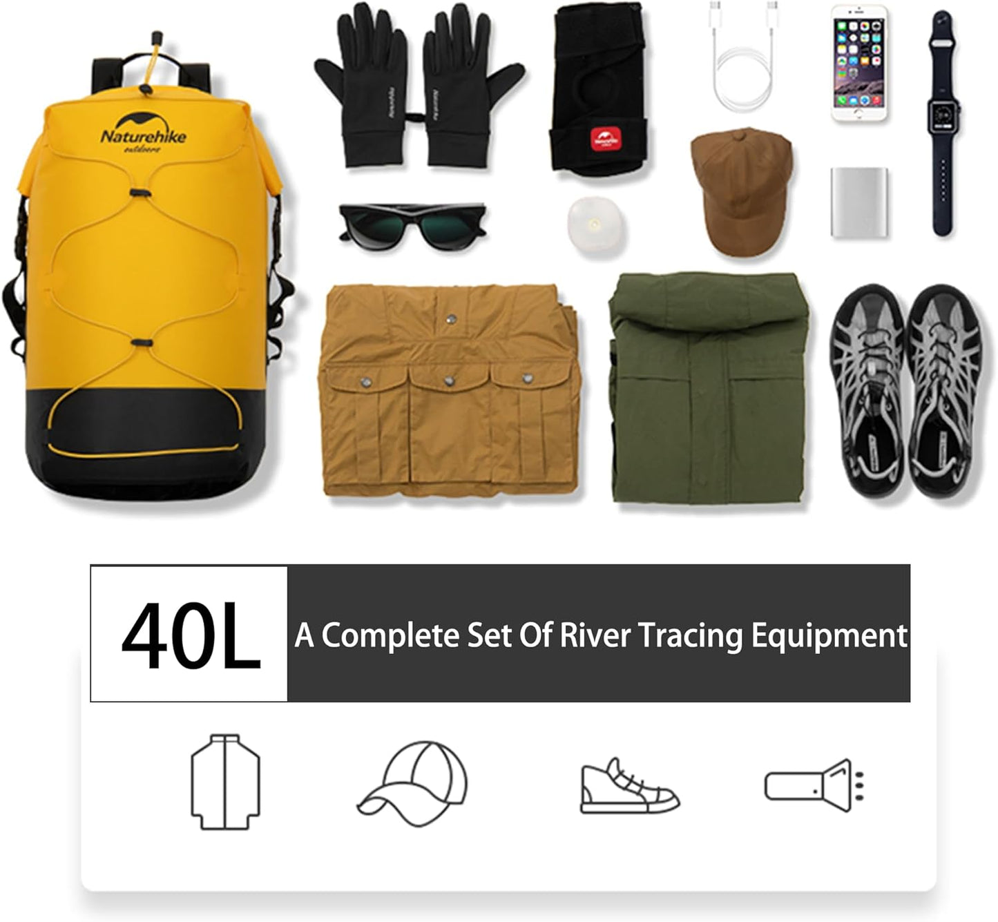 Naturehike Waterproof Backpack For Men, Hiking Backpack Waterproof Outdoor Day Pack, Lightweight Camping Travel 20L/30L/40L (Khaki, 40)