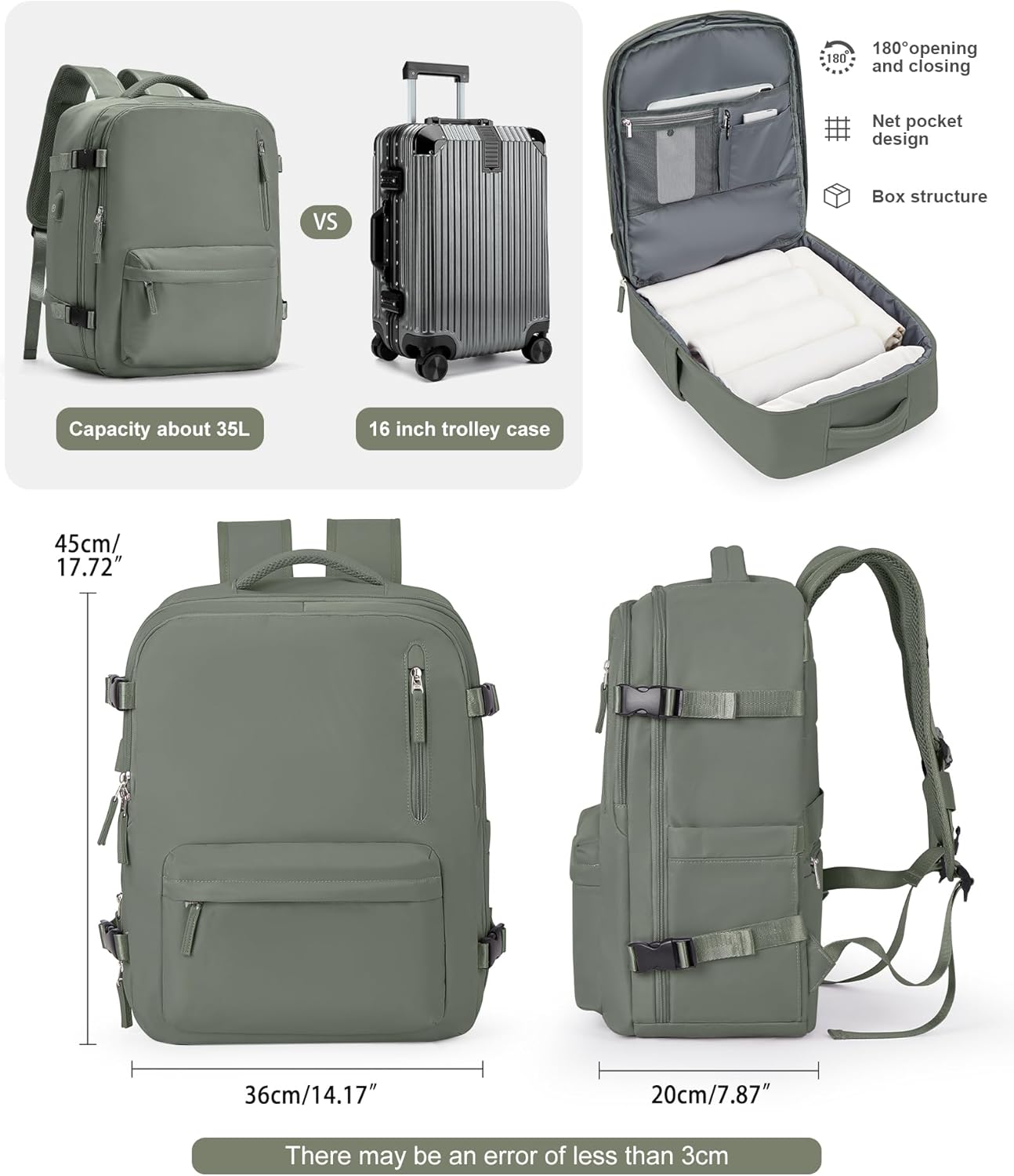 VGCUB Lightweight Travel Backpack for Women Men, Carry On Flight Approved Luggage, Water Resistant Laptop College Work Backpack Personal Item Daypack Bookbag Mochila de Viaje, Green
