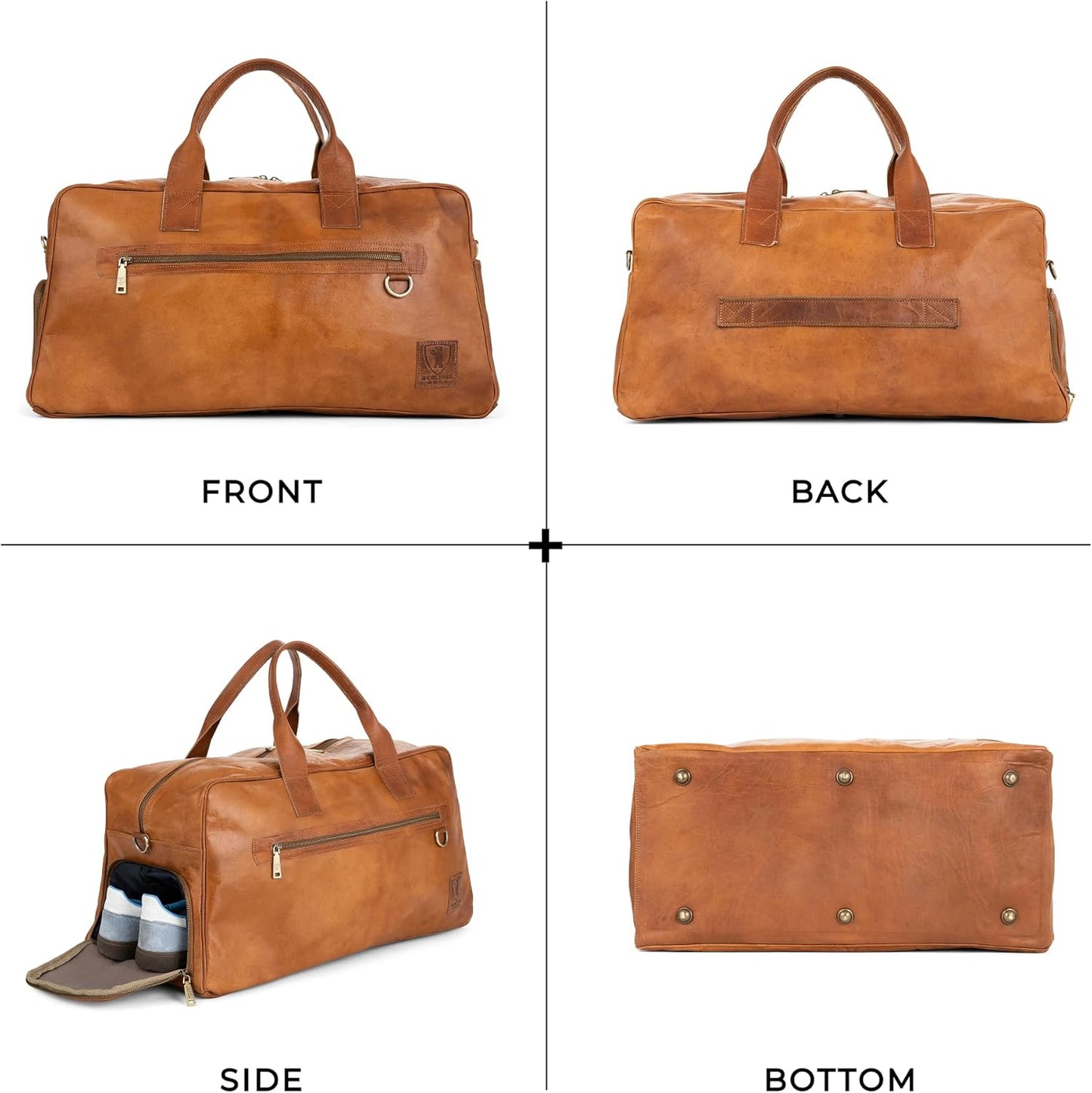 Berliner Bags Vintage Genuine Leather Duffle Austin XL for Travel or the Gym, Weekender Bag with Shoe Compartment, Overnight Bag for Men and Women - Brown