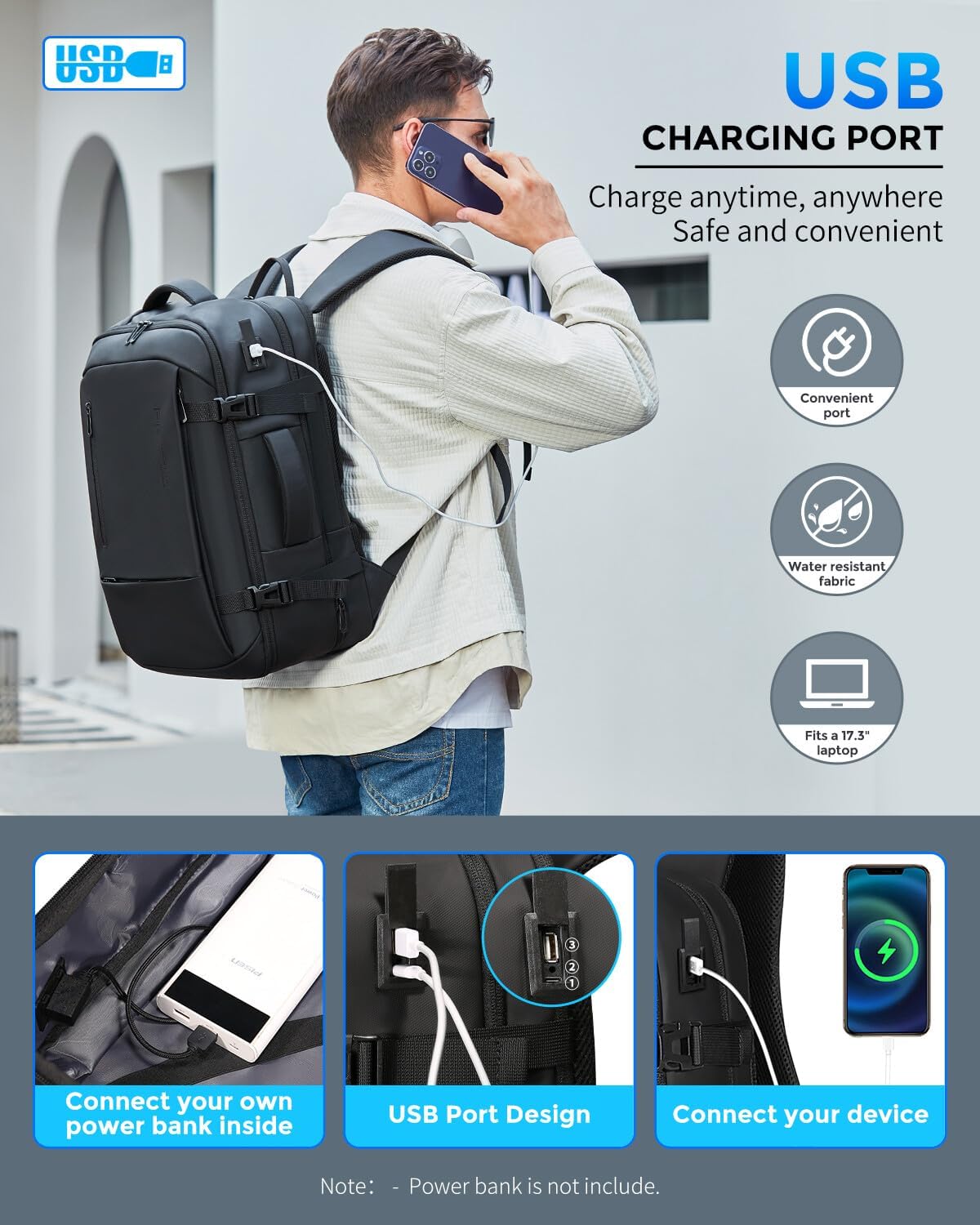 Travel Backpack for Men, Flight Approved Carry On Luggage Backpack with USB Port, Water Resistant Expandable Computer Daypack, 17.3 Inch Black Business Laptop Backpack for College/Work