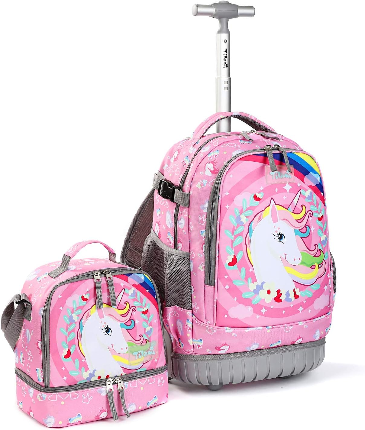 Tilami Rolling Backpack 19 inch with Lunch Bag Wheeled Laptop Backpack (Unicorn Pink)