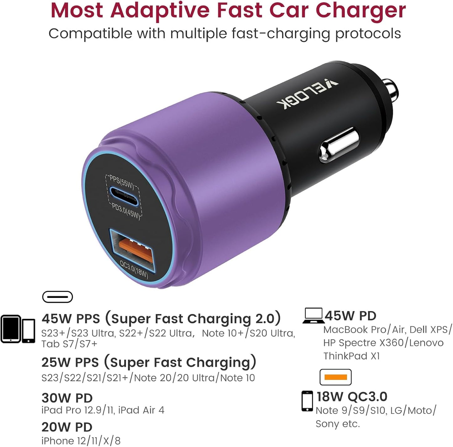 VELOGK Super Fast Type C Car Charger [73W Turbo], Fast Adaptive 55W 45W PPS/PD&QC3.0 USB C Car Adapter[Super Fast Charging 2.0]for Samsung S25 Ultra/S24 Ultra/S23 Ultra/S22+/S21/S20, iPad Pro(Purple)