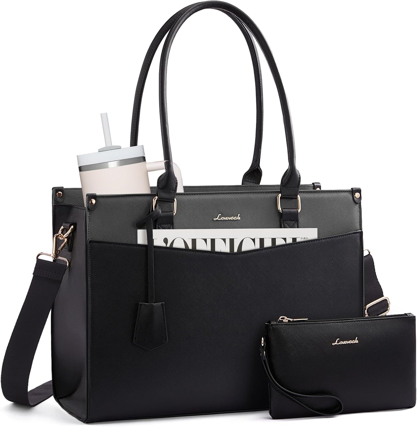 LOVEVOOK Laptop Bag for Women, 2-in-1 Tote Purse with Clutch & Cup Holder, Waterproof Briefcase for Work Travel