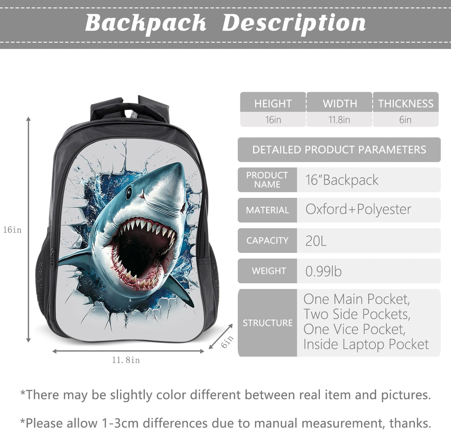 Klymax Shark Backpack Kids Schoolbag with Lunch Box Bag Pencil Bag 3pcs Bookbag Sets for Boys Girls