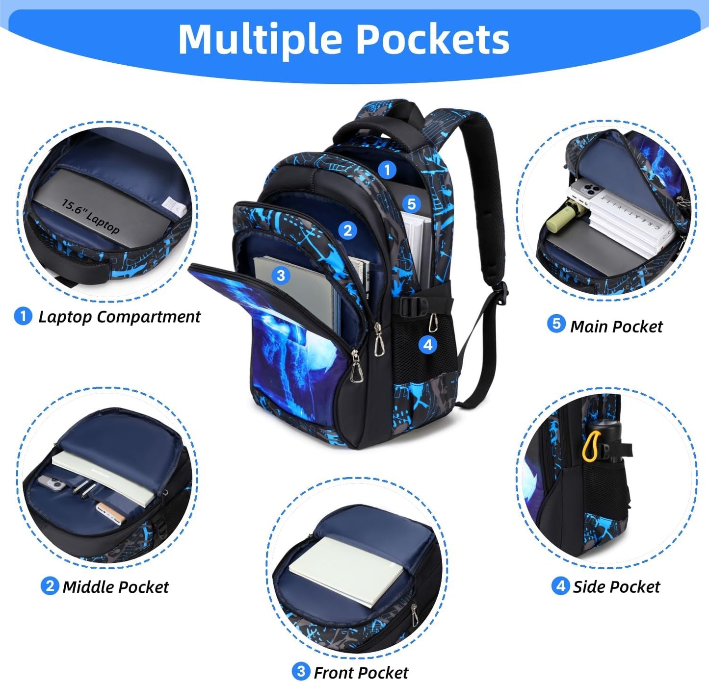 Boys Backpack Elementary School Bookbag Waterproof Durable Sturdy Kids Schoolbag Casual Travel Daypack(Blue)