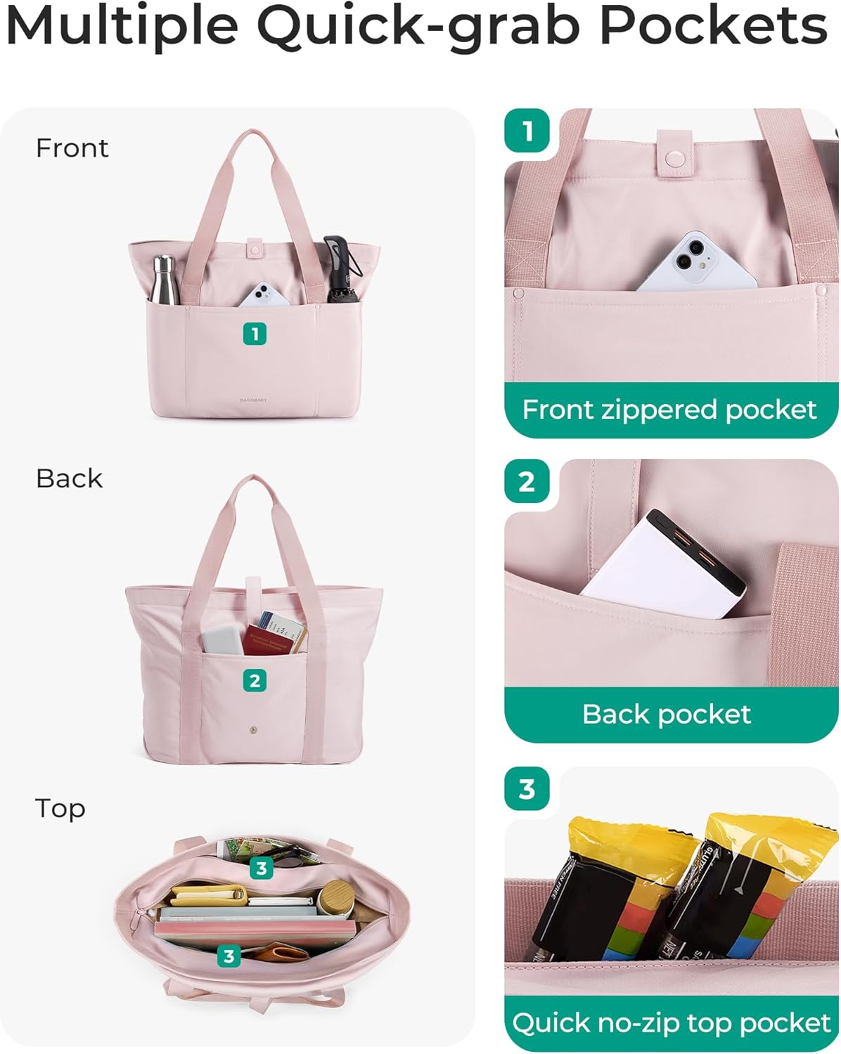BAGSMART Tote Bag for Women, Foldable Tote Bag With Zipper Travel Large Shoulder Bag Handbag for Work-16.5''l X 6''wx 14''h