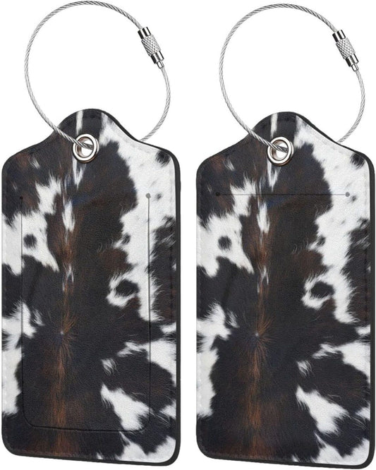 Cow Print Luggage Tags Set of 2 Leather Stainless Steel Loop Label Tag for Travel Bag Suitcase