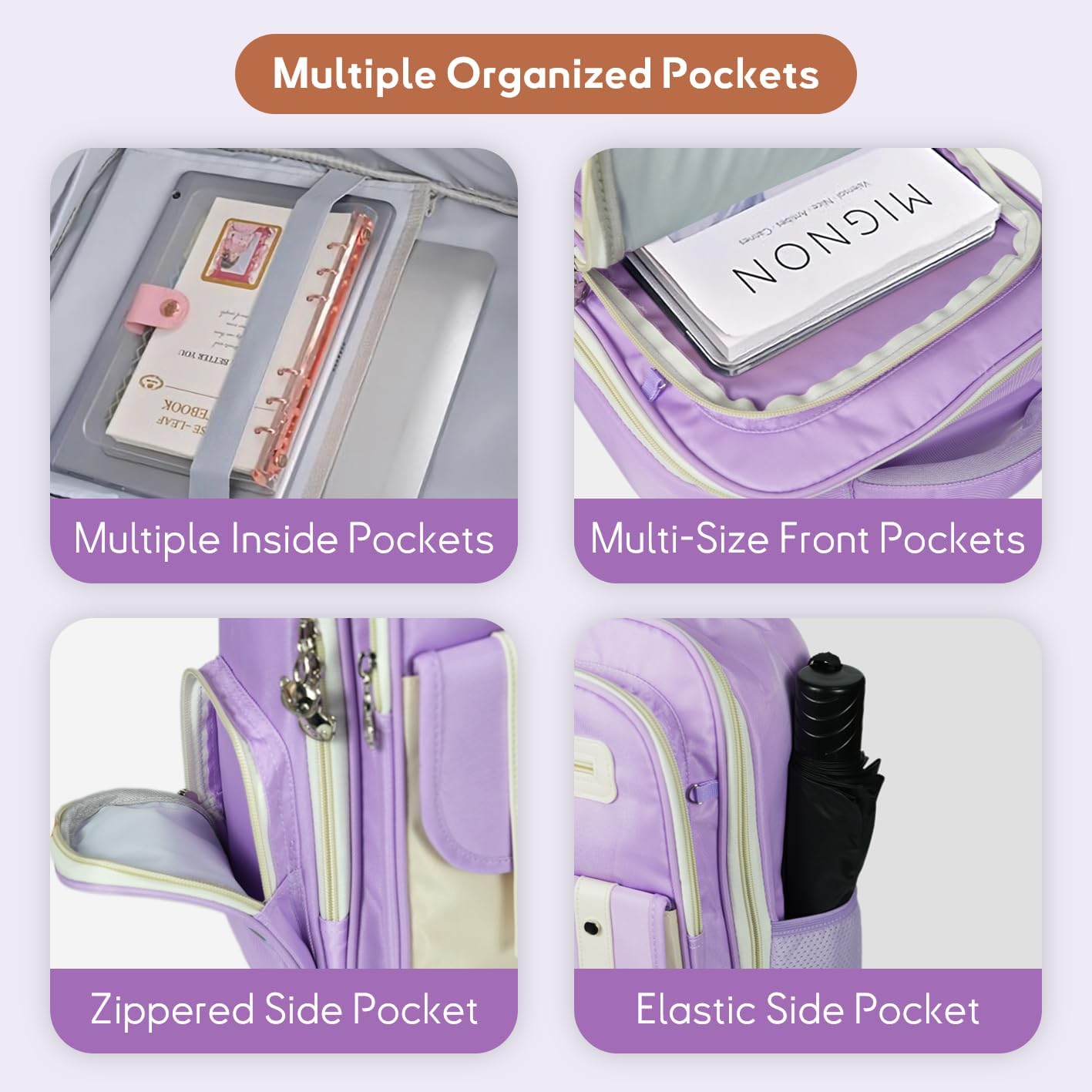 Kids Backpack for Kids, Lightweight Waterproof Purple White Backpack for School, Kindergarten Elementary School Students Boys & Girls Backpack with Safety Whistle and Includes a Detachable Waist Belt