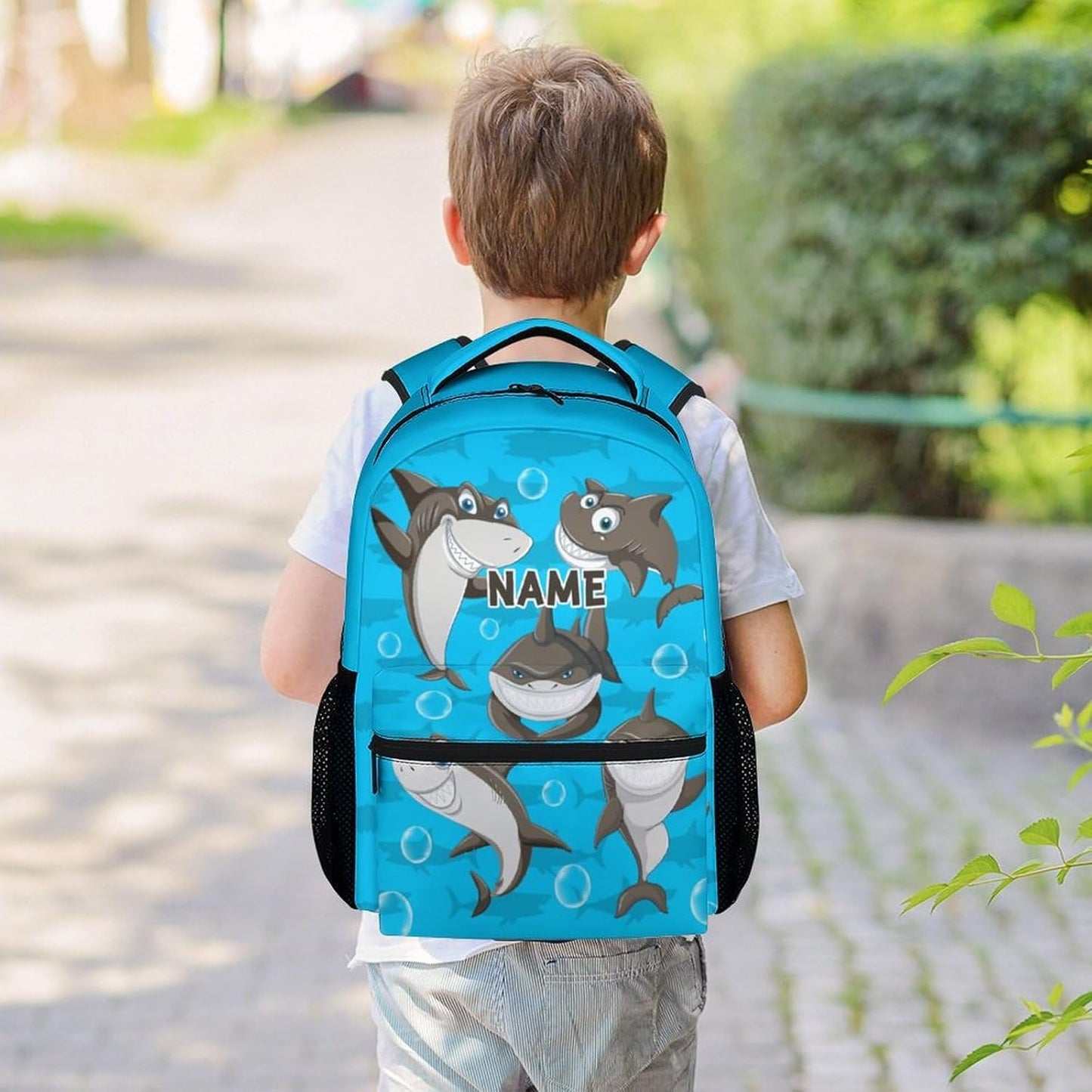 Custom Shark Backpacks for Boys, Large Capacity Backpack for School, Funny Blue Lightweight Bookbag for Kids