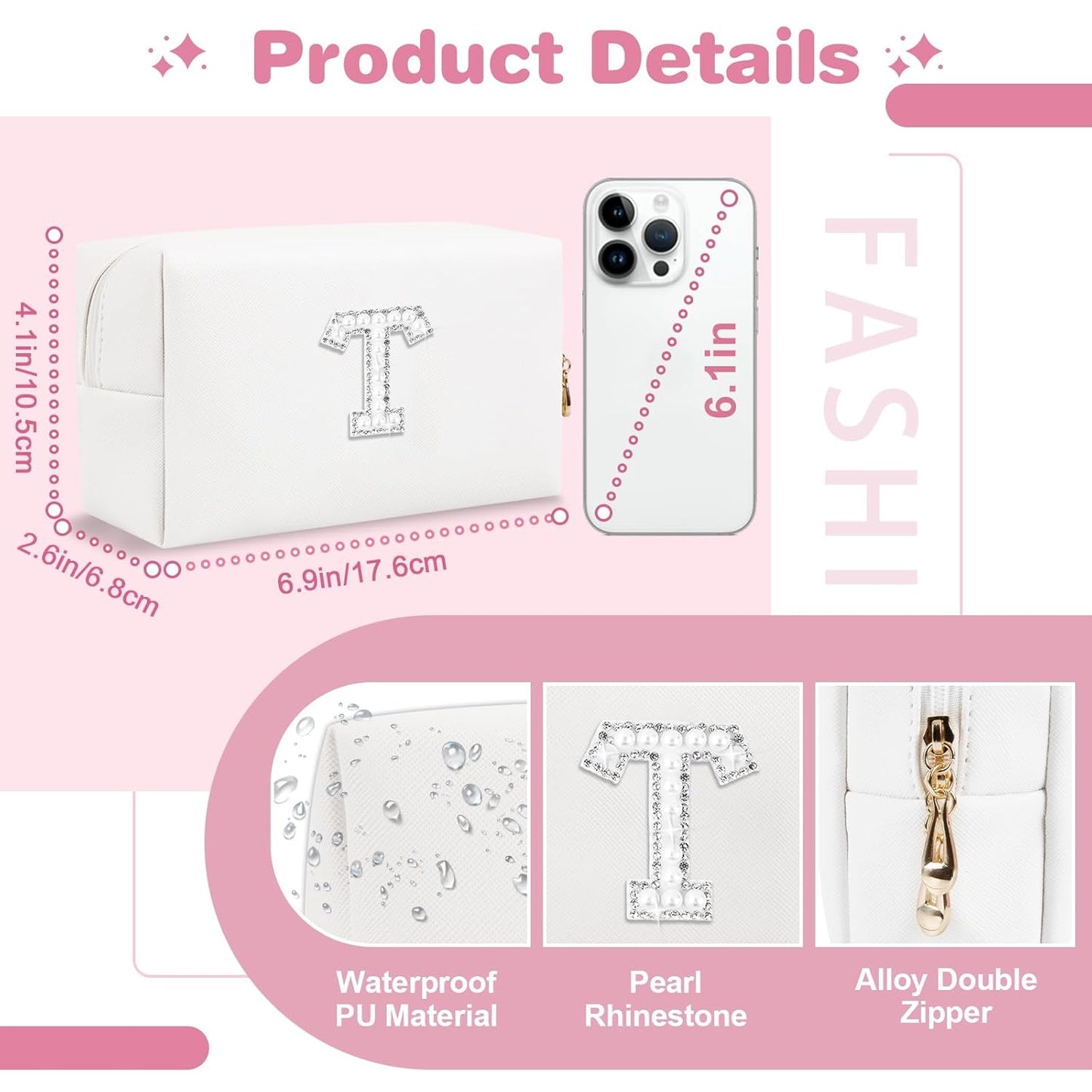 Bride Gifts – Personalized Initial Makeup Bag with Pearl Rhinestone Patch, Preppy White Monogram Cosmetic/Toiletry Pouch, bridesmaid Gifts, Bridal Shower Gifts, Wedding Gifts, Bridal Gifts,T