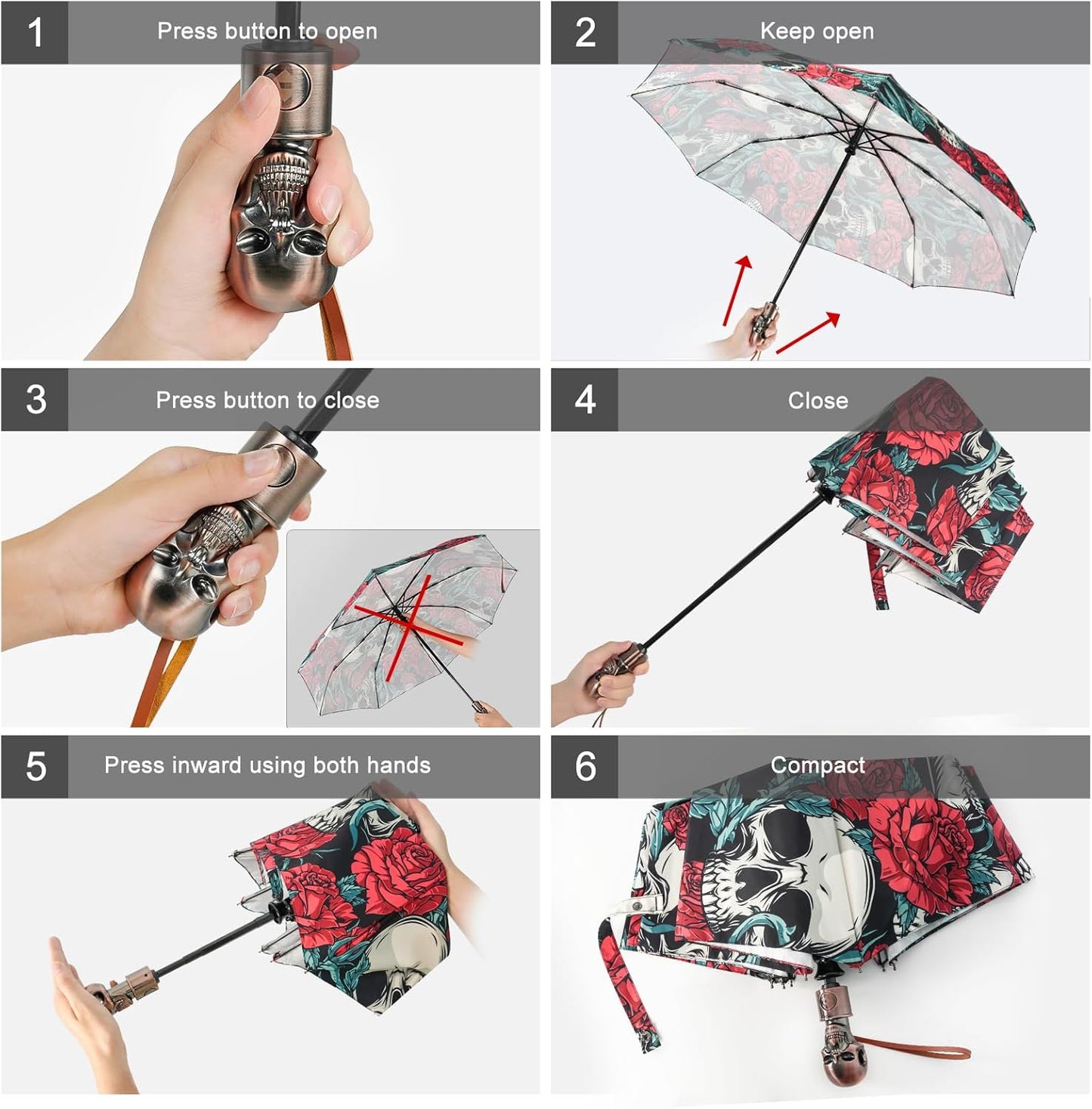 Lejorain Mens Black Skull Umbrella - Automatic Luxury Travel Windproof Umbrella Compact - Portable Strong Lightweight Rain Umbrella for Adults