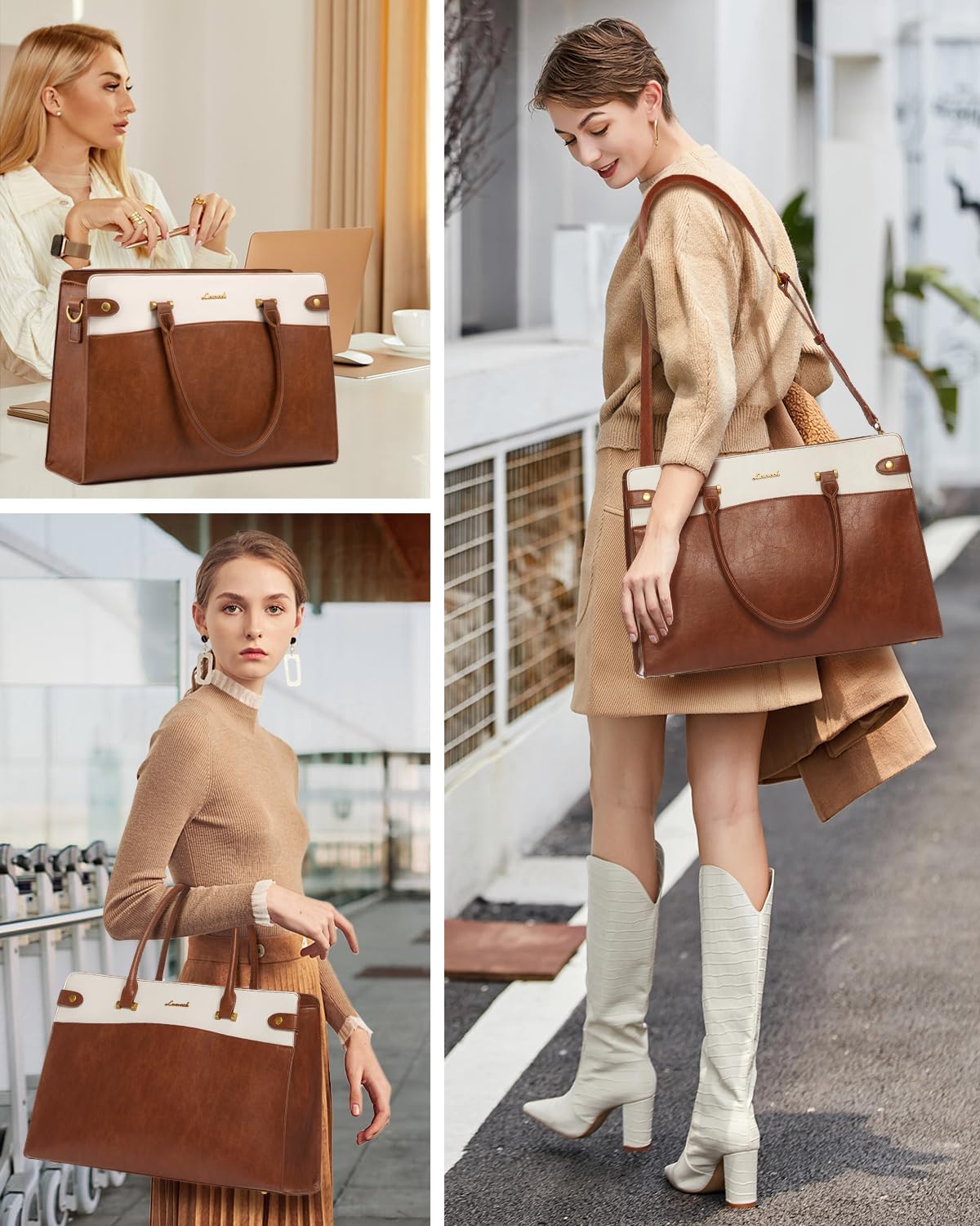 LOVEVOOK Laptop Bag for Women, Vintage Leather Laptop Tote Bag Work Bags for Women, Waterproof Computer Bag Business Office Briefcase Large Shoulder Handbag Purse, 15.6 Inch, Brown-Beige