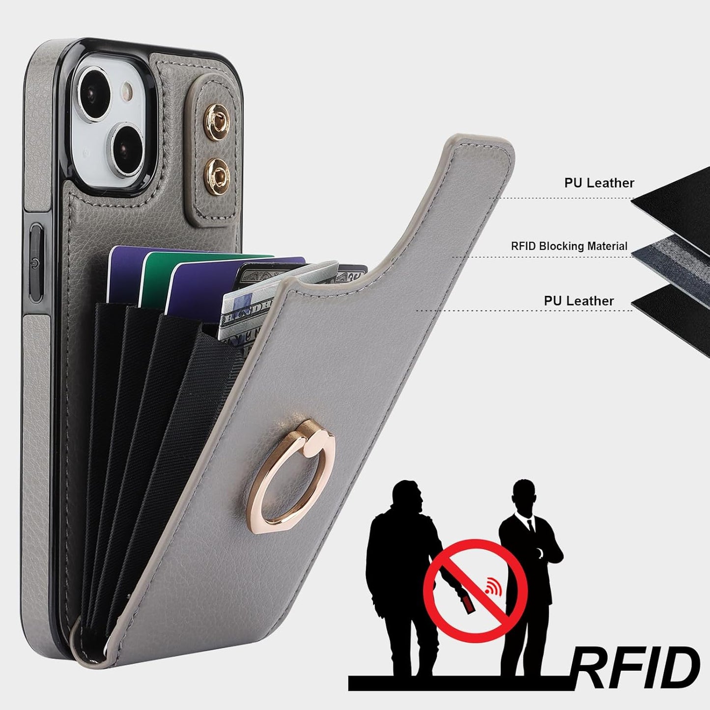 Folosu Compatible with iPhone 14 Case Wallet with Card Holder, 360°Rotation Finger Ring Holder Kickstand, RFID Blocking Leather Protective Double Buttons Shockproof Cover 6.1 Inch Gray