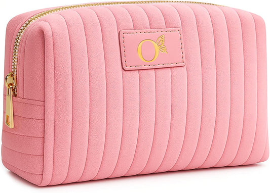 Monogrammed Make Up Bags for Women,Personalized Cosmetic Bags Women,Small Quilted Makeup Pouch,Cute Makeup Bag Travel,Birthday Gifts for Teen Girl (Pink O)