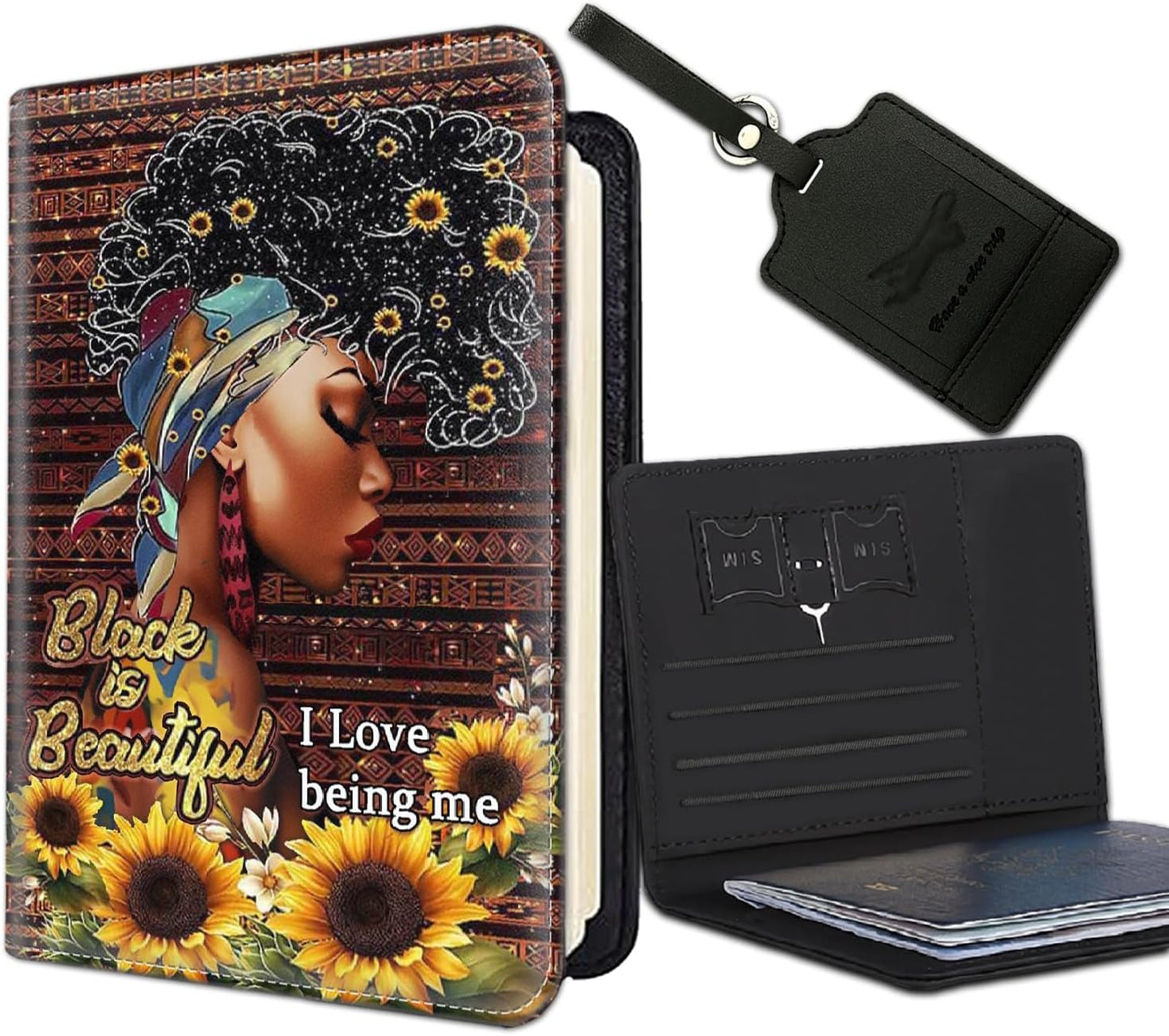 Passport Holder Women Wallet with Luggage Tag, Leather Passport Cover with RFID Blocking, Travel Accessories Multi Card Slot Passport Case for Men，African American Girl Sunflower