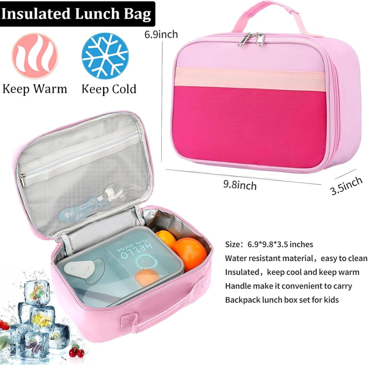 Kids Backpack Lunch Box Set Elementary School Backpacks 5-9 Years for Boys and Girls with Chest Buckle (Set Pink Purple, Large-17 H)