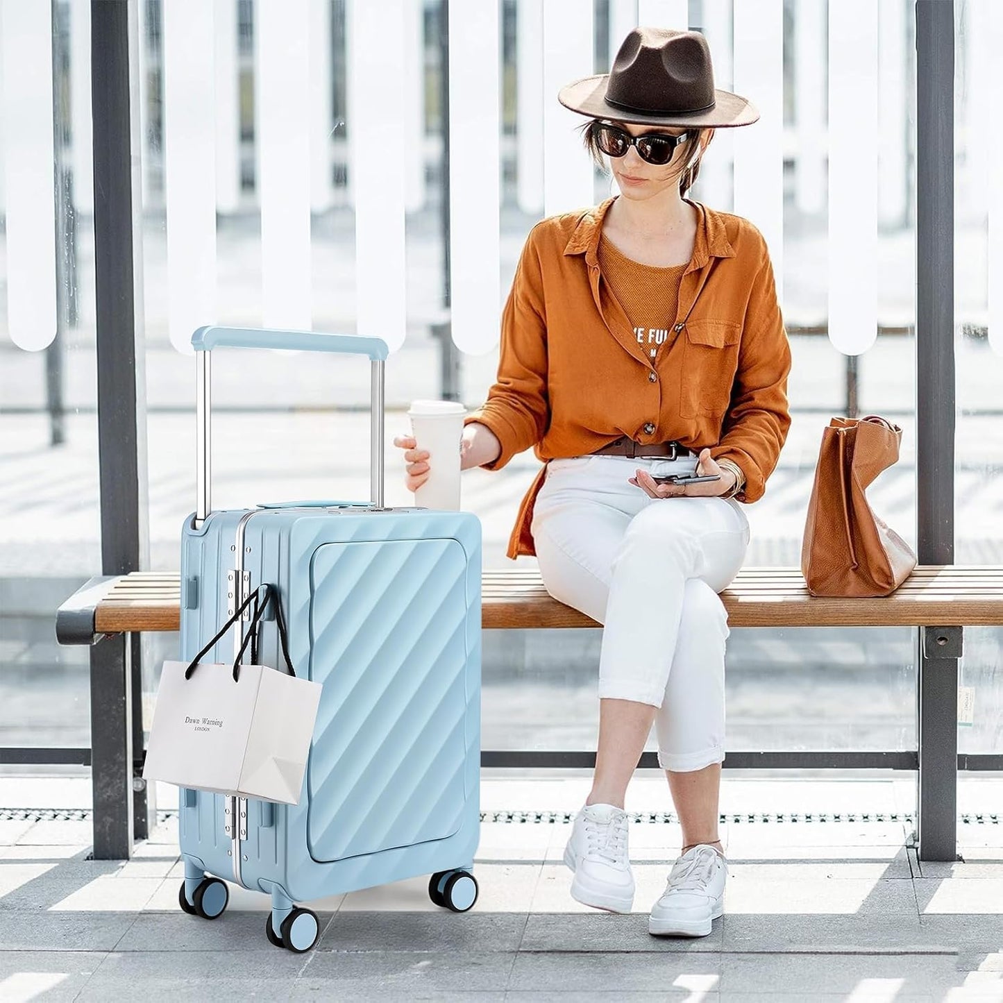 Somago Carry On Luggage Wide Handle 20 Inch Suitcase with Front Compartment Aluminum Framed PC Hardside 22x14x9 No Zipper Business Baggage with Spinner Wheels USB Charging Port TSA Lock (Light Blue)