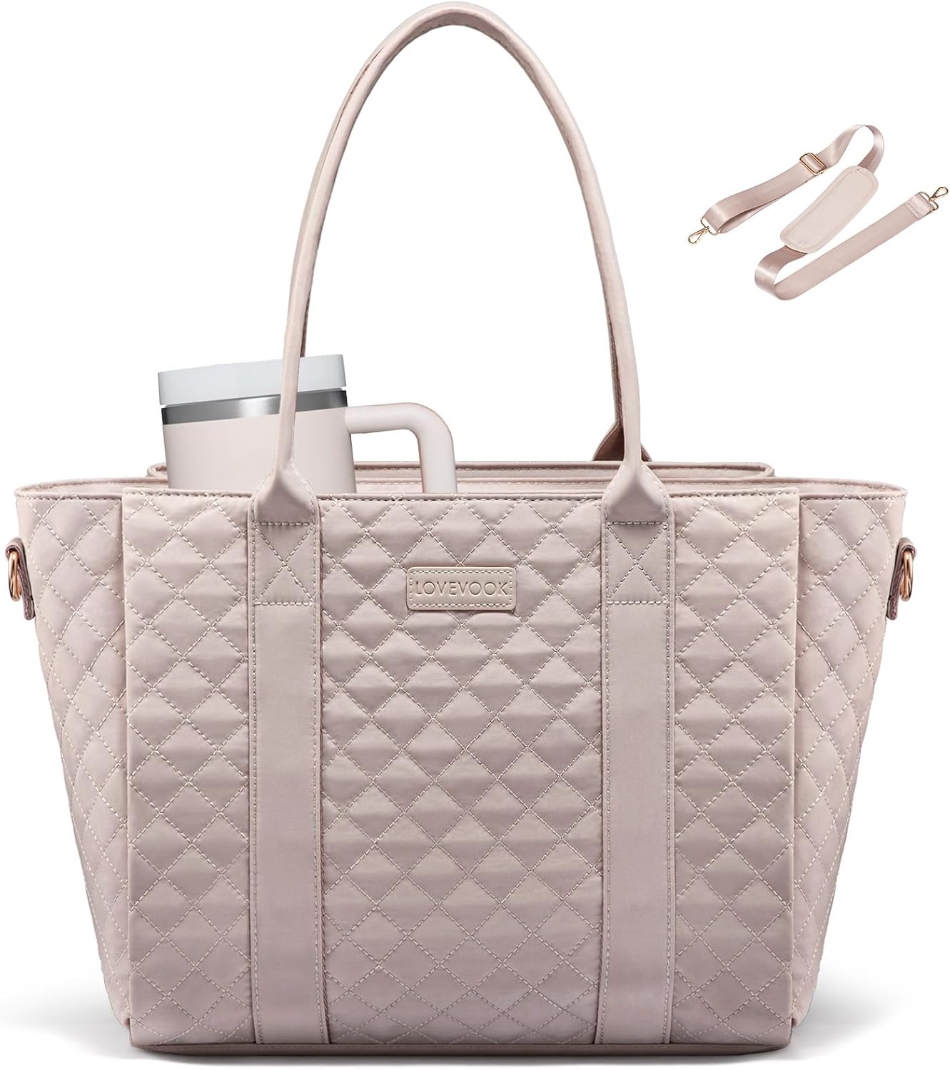 LOVEVOOK Laptop Bag for Women，Work Bag Teacher Tote Bag With Large Cup Holder, Quilted Crossbody bag with Zipper for Travel