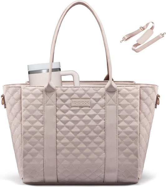 LOVEVOOK Laptop Bag for Women，Work Bag Teacher Tote Bag With Large Cup Holder, Quilted Crossbody bag with Zipper for Travel