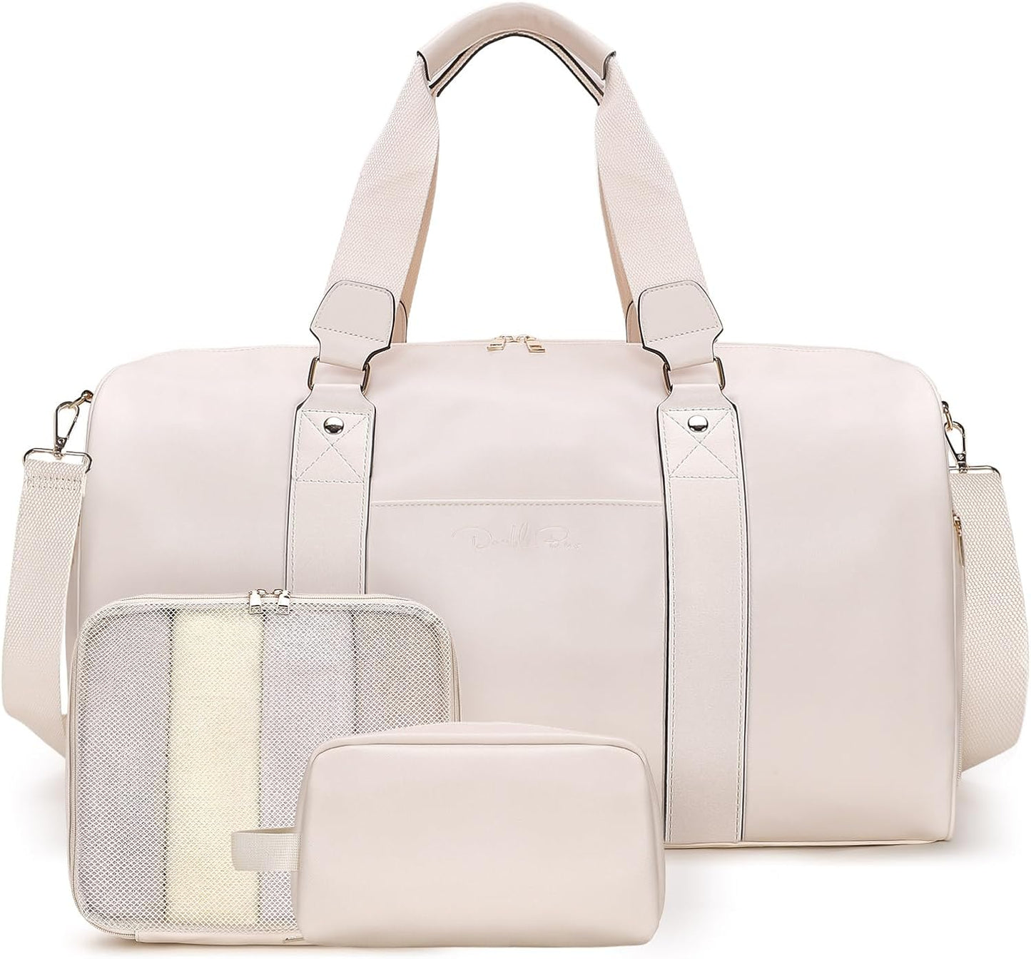 Weekender Bag for Women Men, Large Overnight Bag Faux Leather Travel Duffel Bag with Shoe Compartment Toiletry Packing Cube Carry On Bag Fit 21" Laptop 3Pcs Set (Beige)