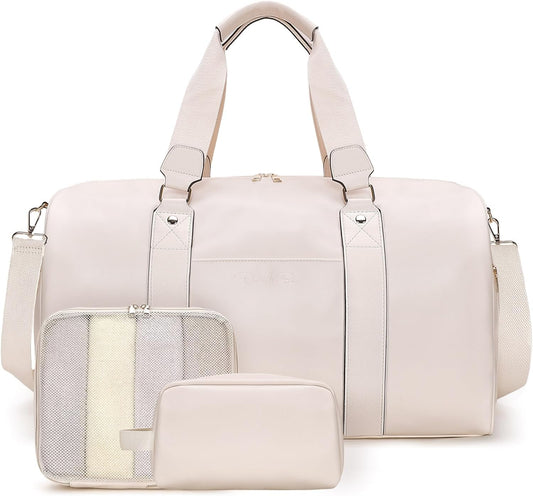 Weekender Bag for Women Men, Large Overnight Bag Faux Leather Travel Duffel Bag with Shoe Compartment Toiletry Packing Cube Carry On Bag Fit 21" Laptop 3Pcs Set (Beige)