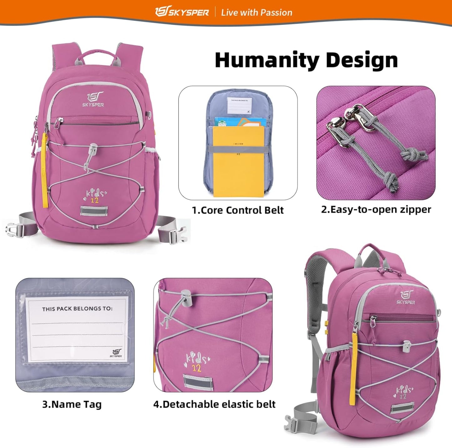 SKYSPER Kids Backpack 12L Children School Bag Child Boy Girl Pack Ages 4-8 for Traveling Day Trips Classes Camping(Purple)