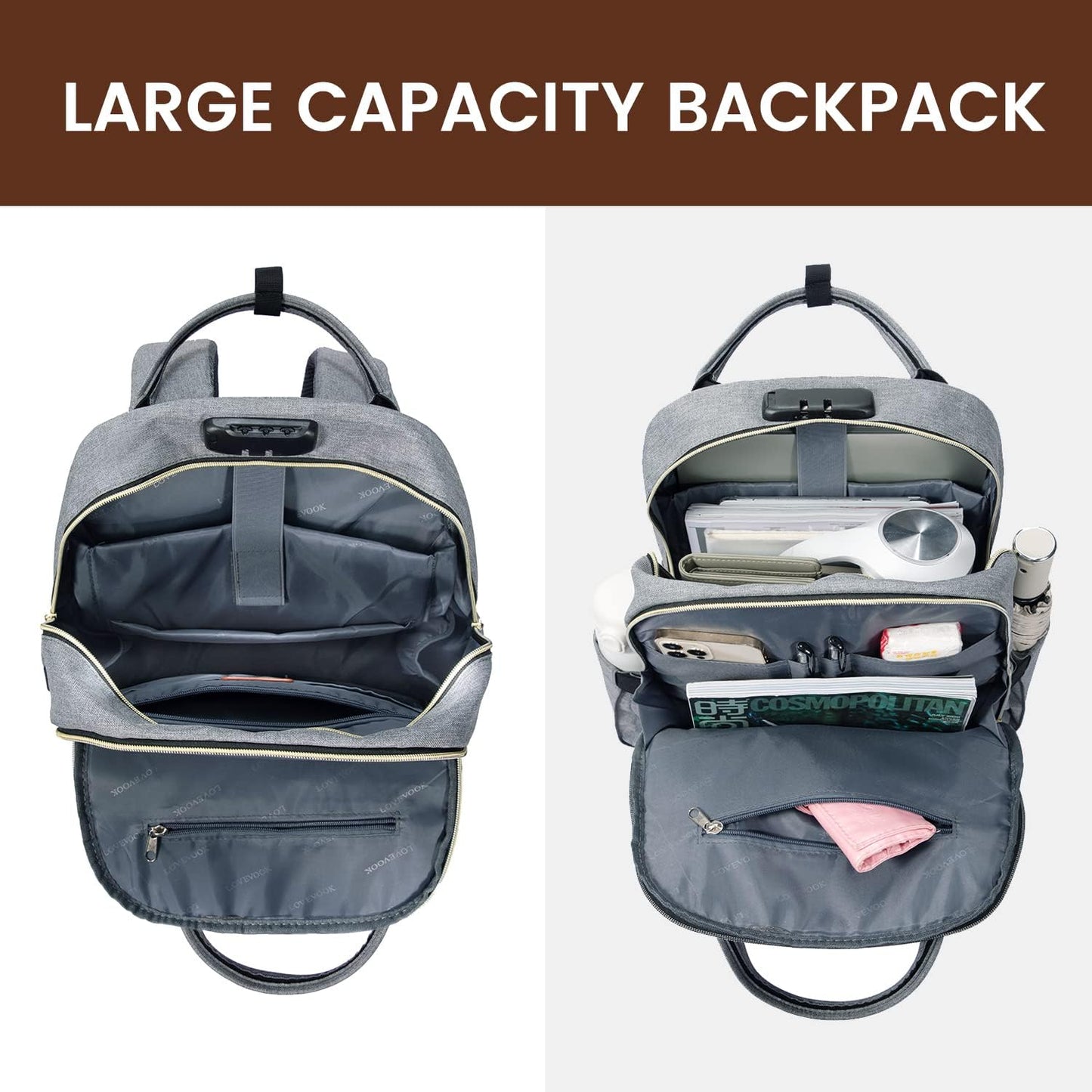 LOVEVOOK Laptop Backpack for Women & Men, Unisex Travel Anti-theft Work Bag, Business Computer College Backpacks Purse, Casual Hiking Outdoor Carry On Daypack with Lock, Fits 15.6 Inch Laptop, Grey