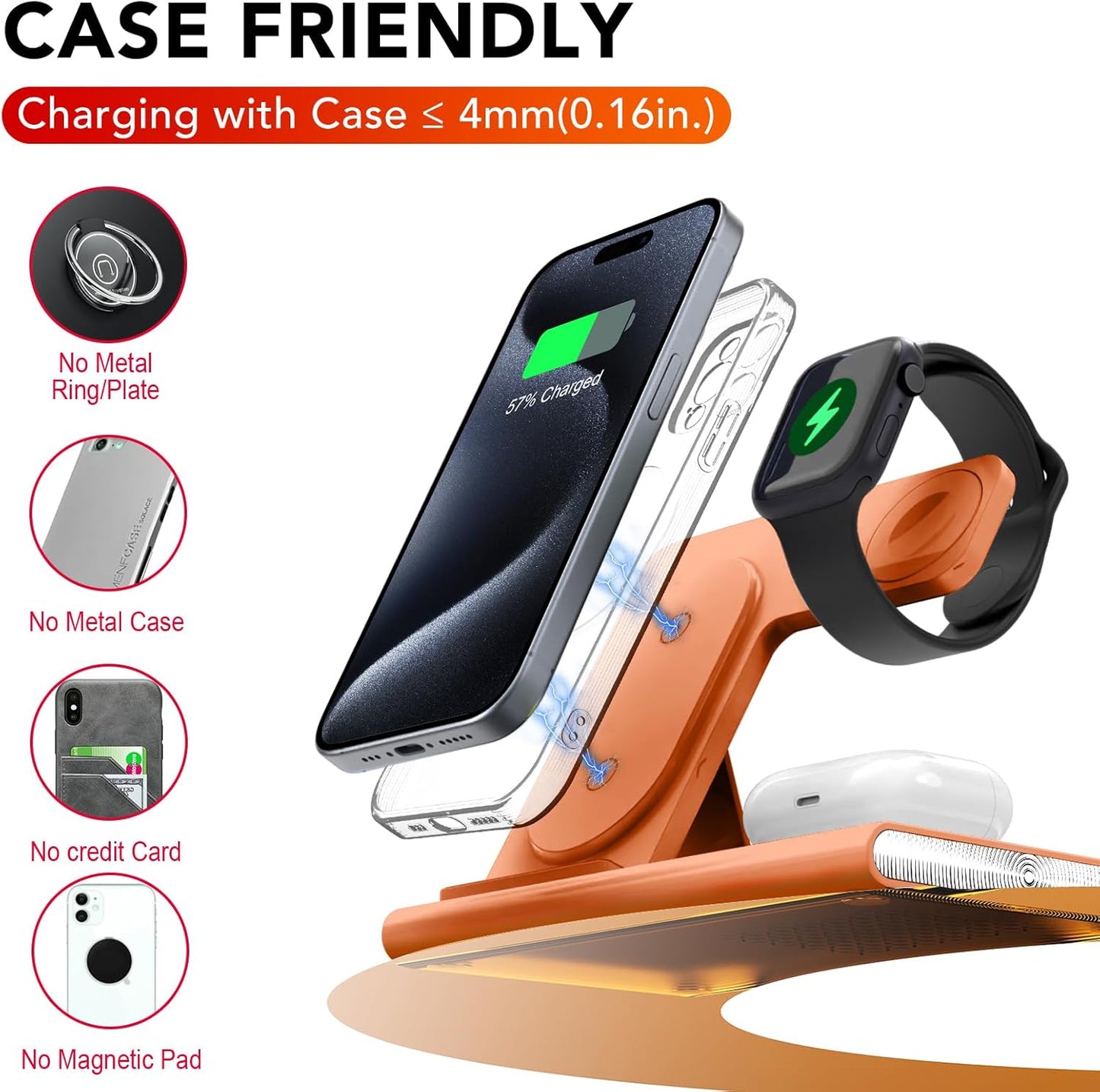 3 in 1 Charging Station for iPhone 17 - Wireless Charger for Apple Products for iPhone 17 16 15 14 13 12 11 Pro Max - Foldable Wireless Charging Station Dock Stand for iWatch Series & AirPods(Orange)