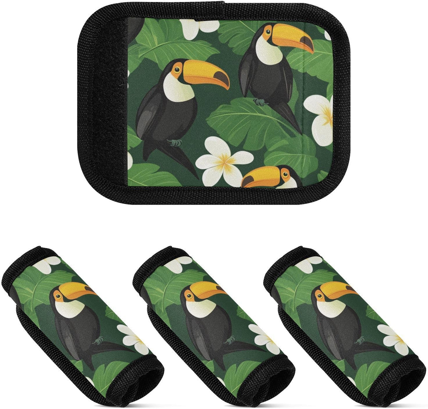 Plumeria Toucans Flower Green 4 Pack Luggage Handle Wraps Covers for Suitcase Identifiers Bag Tags Travel Accessories