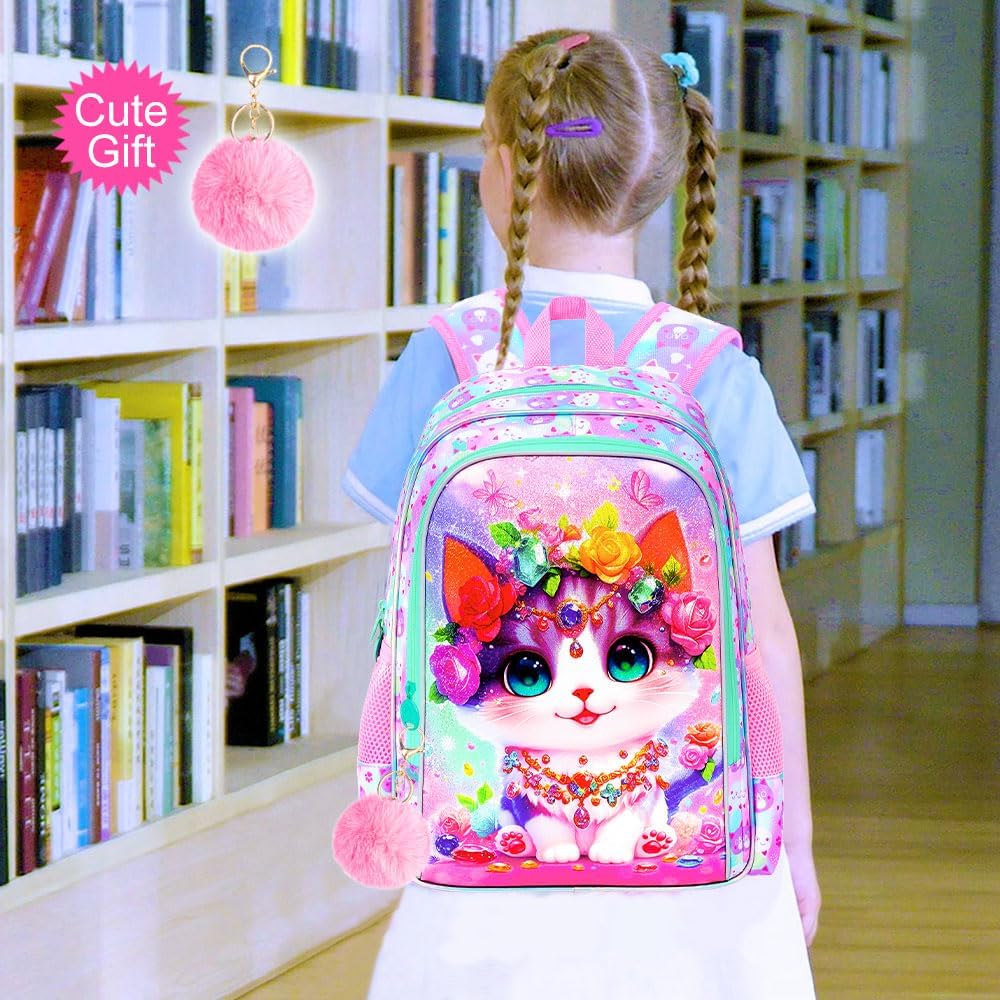 3Pcs Cat Backpack for Girls, 16" Kids School Backpacks with Lunch Box, Bookbag for Elementary Preschool Kindergarten(Pink)