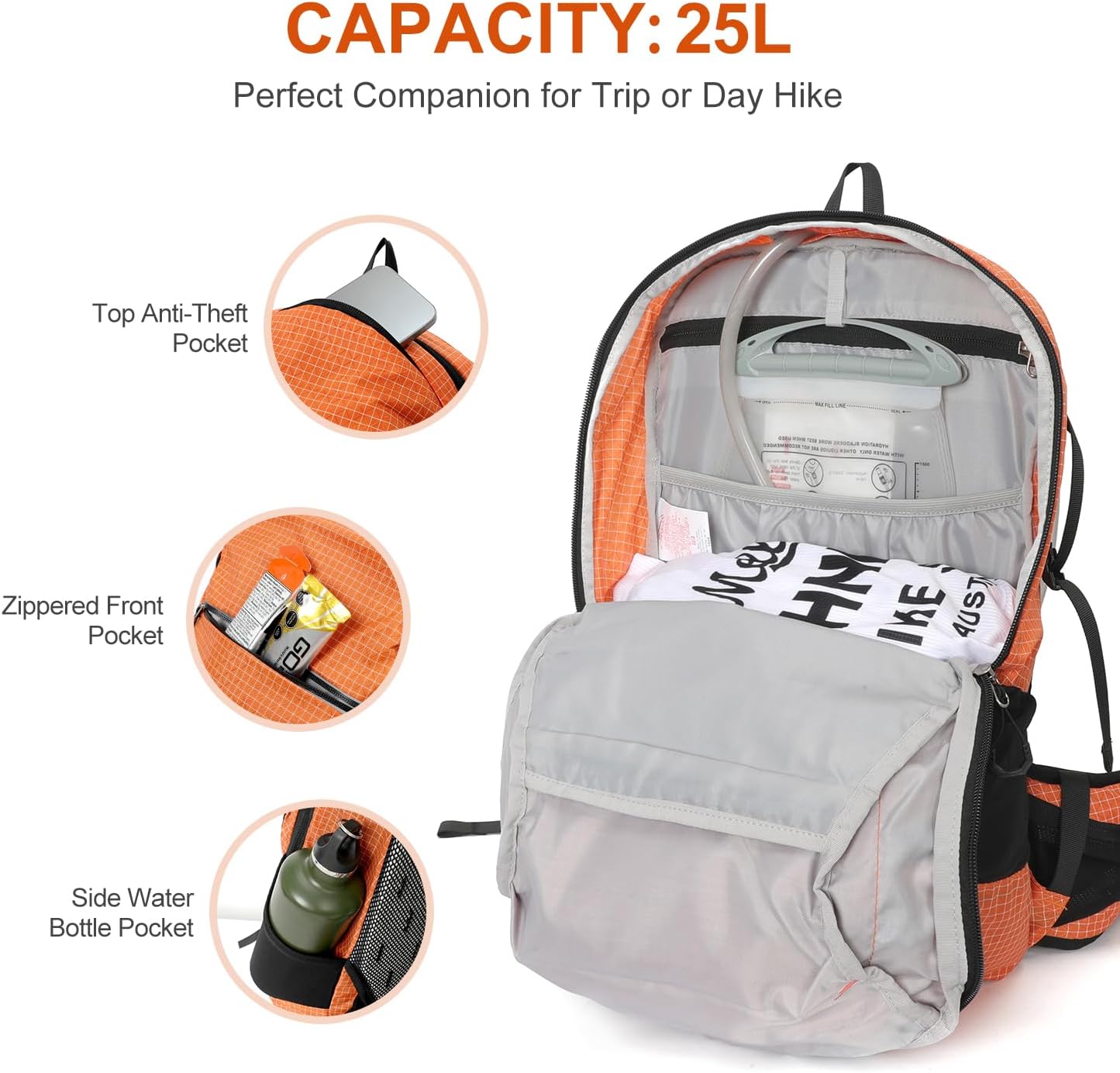 Hydration Backpack, 25L Hiking Backpack with 3L Water Bladder and Rain Cover, Hiking Water Backpack