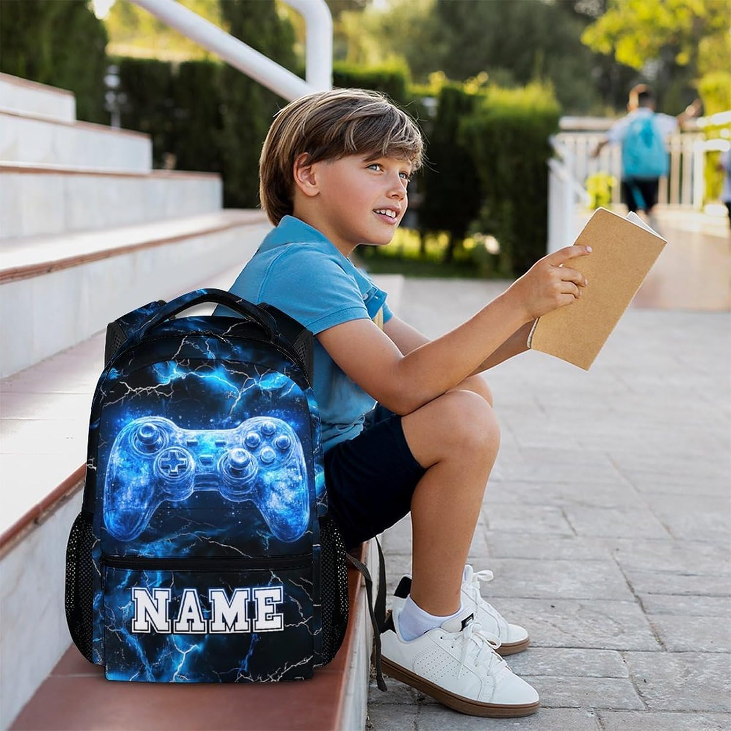 Kids Backpack, Custom Gamer Bookbag, 17 Inches Blue Boys Utility Schoolbag for Teen Boys 6-8, Cool