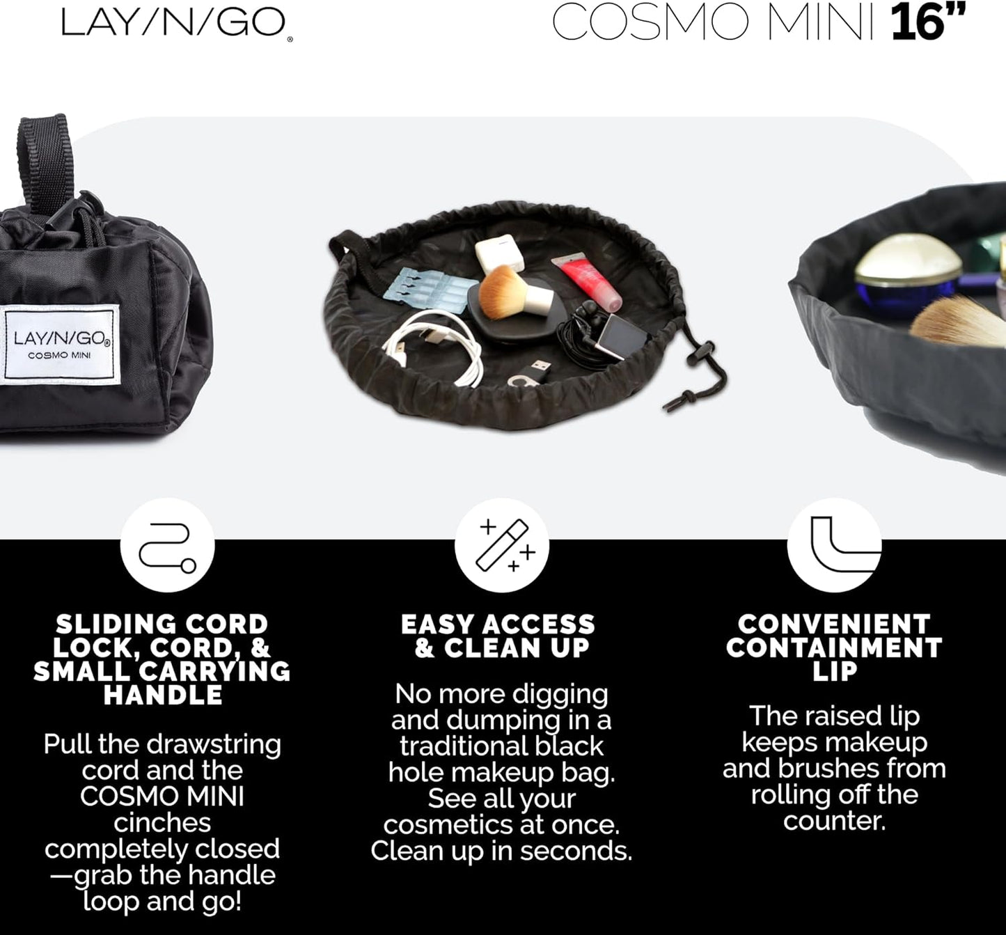 Lay-n-Go Cosmo Layflat Drawstring Cosmetic & Makeup Bag Organizer w/Zipper Pocket, Brush Loops & More, Cinch to Close, Lay Flat to Use, Durable, Machine Wash, Travel Toiletry Bag (16", Black)