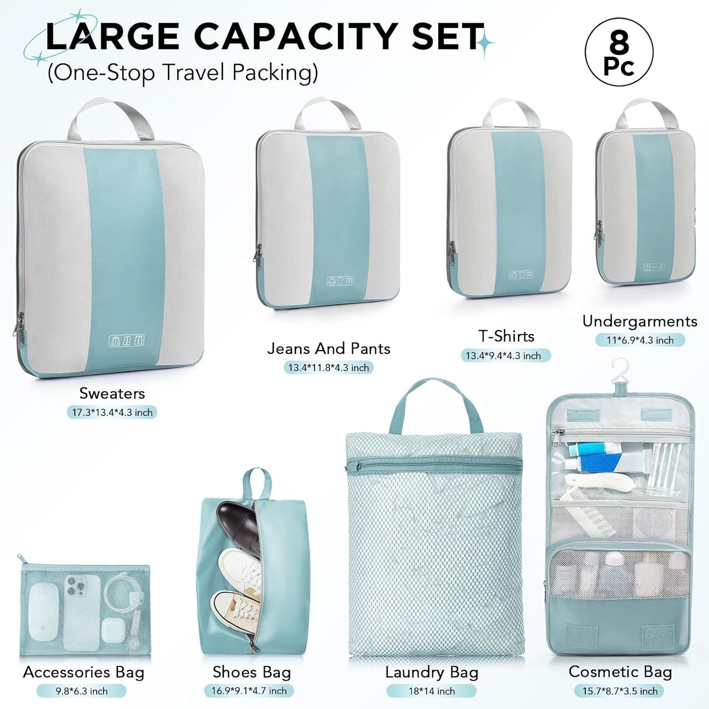 8 Set Compression Packing Cubes for Travel Essentials,Compressible Expandable Packing Cubes for