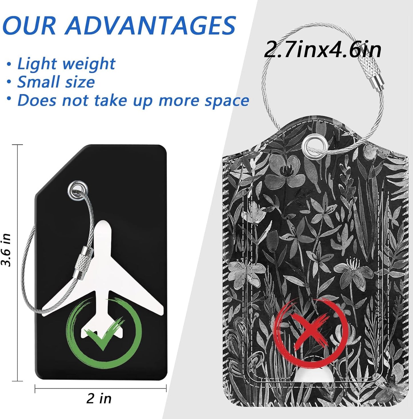 2 Luggage Tags, (1" Smaller Than Traditional) Perfect for Quick Luggage Identification with Stainless Steel Ring and Address Card for Travel and Luggage (Black)