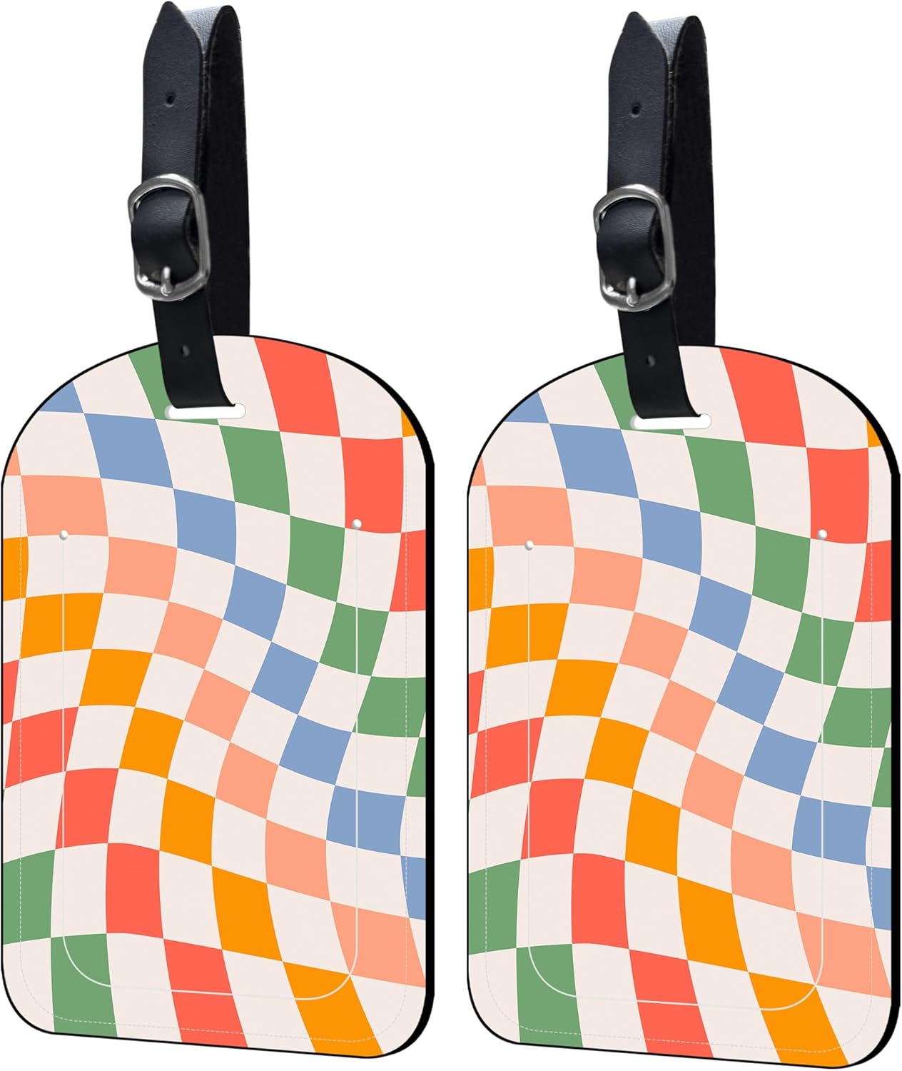 2 Pack Luggage Tags Retro Psychedelic Checkerboard PU Leather Baggage Handbag Suitcase Tags with Secure Strap Privacy Cover ID Labels,Business Travel Baggage Tag Identifier