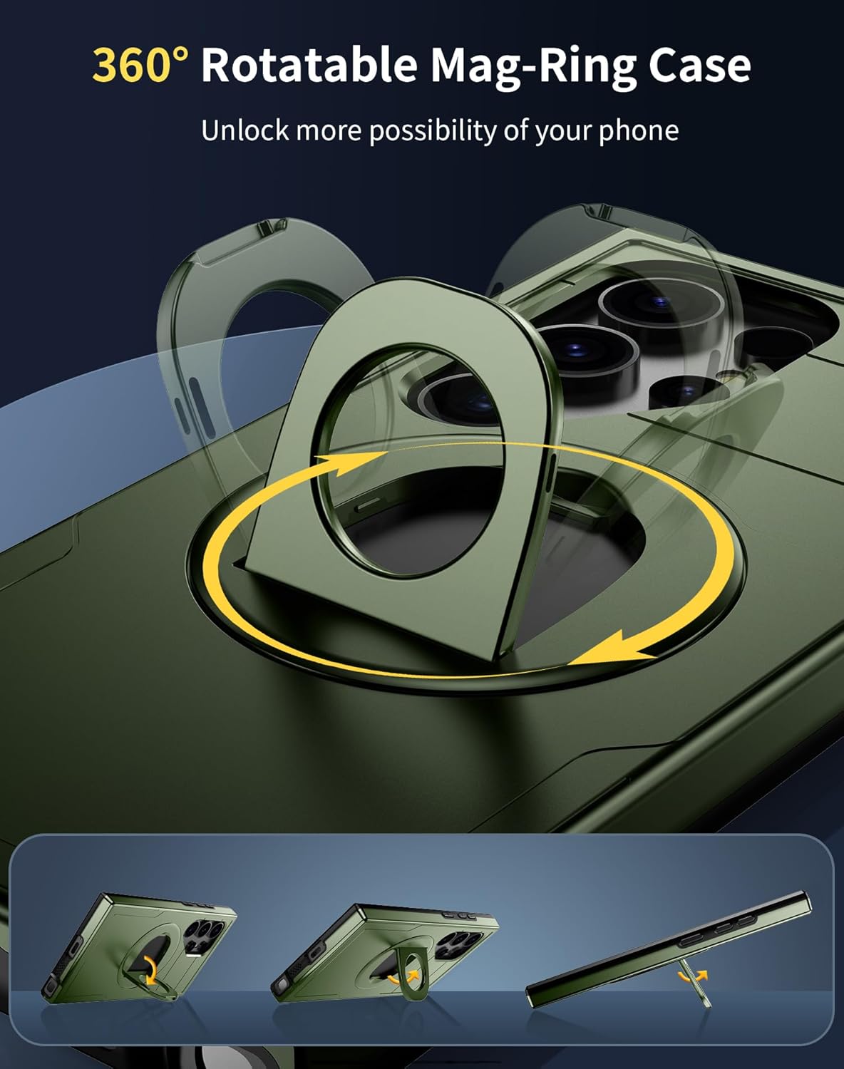 for Samsung Galaxy S24 Ultra Case Magnetic Compatible with MagSafe Wireless Charging,with 1 Screen Protector,Built-in 360° Kickstand Ring Anti-Scratch Shockproof Heavy Duty Protection Green