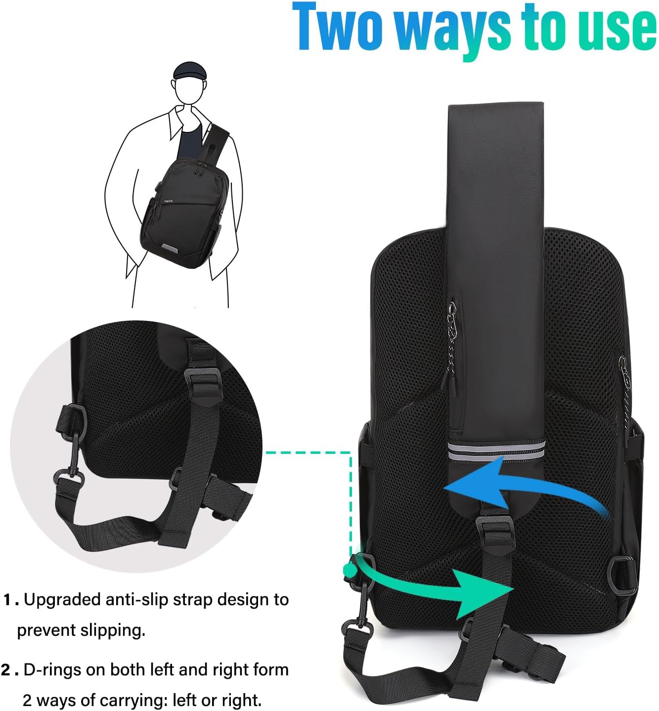 MOSISO Sling Backpack Travel Hiking Daypack,Large Crossbody Sling Bag with USB Charging Port for Men Women 3 Layer Pockets One Shoulder Bag for Outdoor Sports Casual Commuting, Black